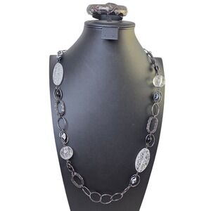 Chicos Black Clear Beaded Statement Necklace Bracelet Set Gun Metal Evening Wear